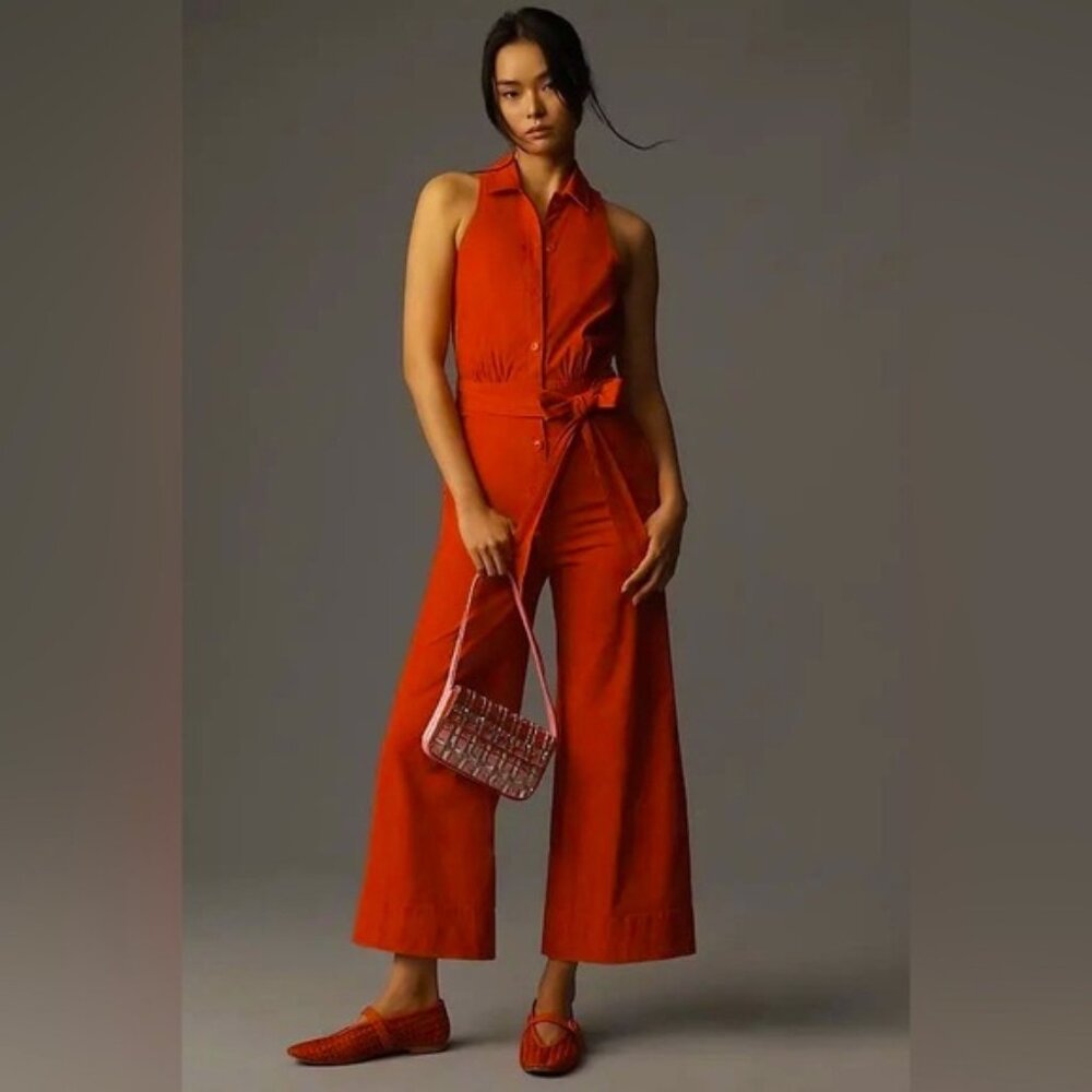 ANTHROPOLOGIE MAEVE MAGIC FABRIC HALTER JUMPSUIT IN RED - SIZE 8
